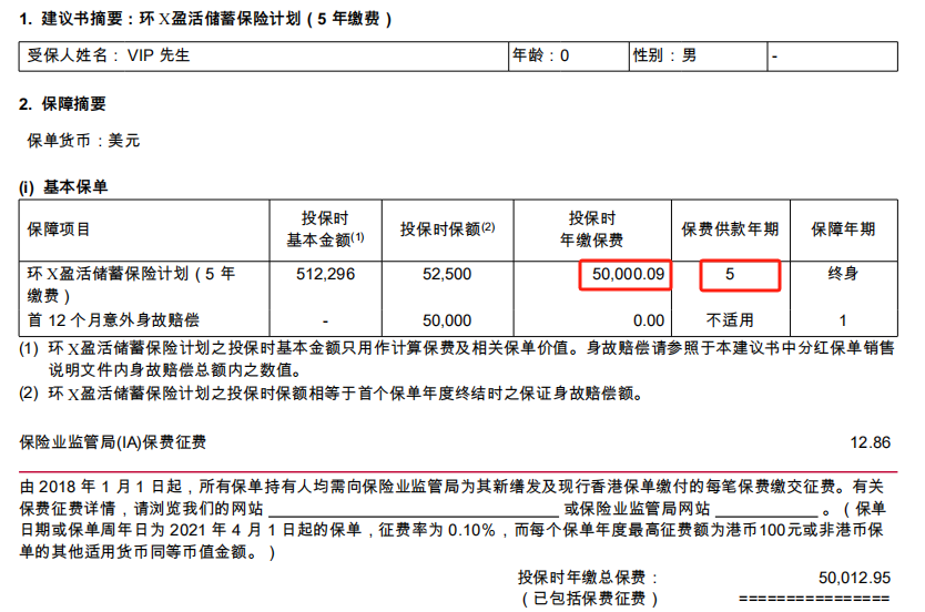 友邦新品环宇盈活的计划书，25万美金分五年缴费每年5万美金保单首页